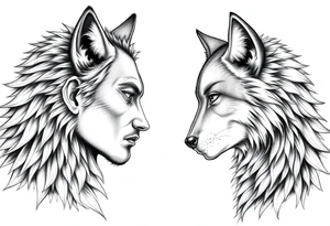 Male and female human facing each other both transforming into wolves tattoo idea