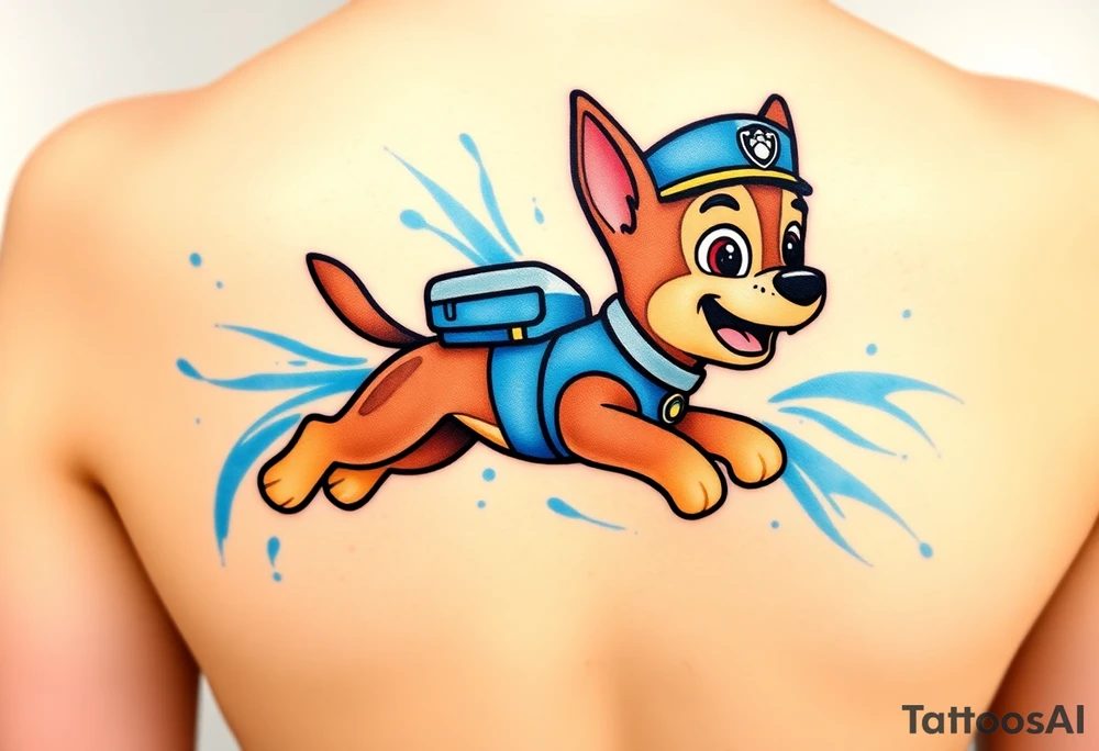 A dynamic silhouette of Paw Patrol member Chase in mid-leap, surrounded by blue energy lines, creating a sense of speed. tattoo idea