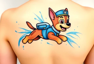 A dynamic silhouette of Paw Patrol member Chase in mid-leap, surrounded by blue energy lines, creating a sense of speed. tattoo idea