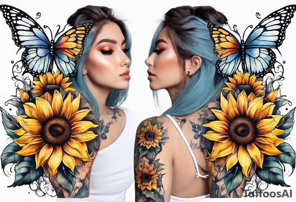 Sleeve with angel wings, sunflower and butterfly tattoo idea