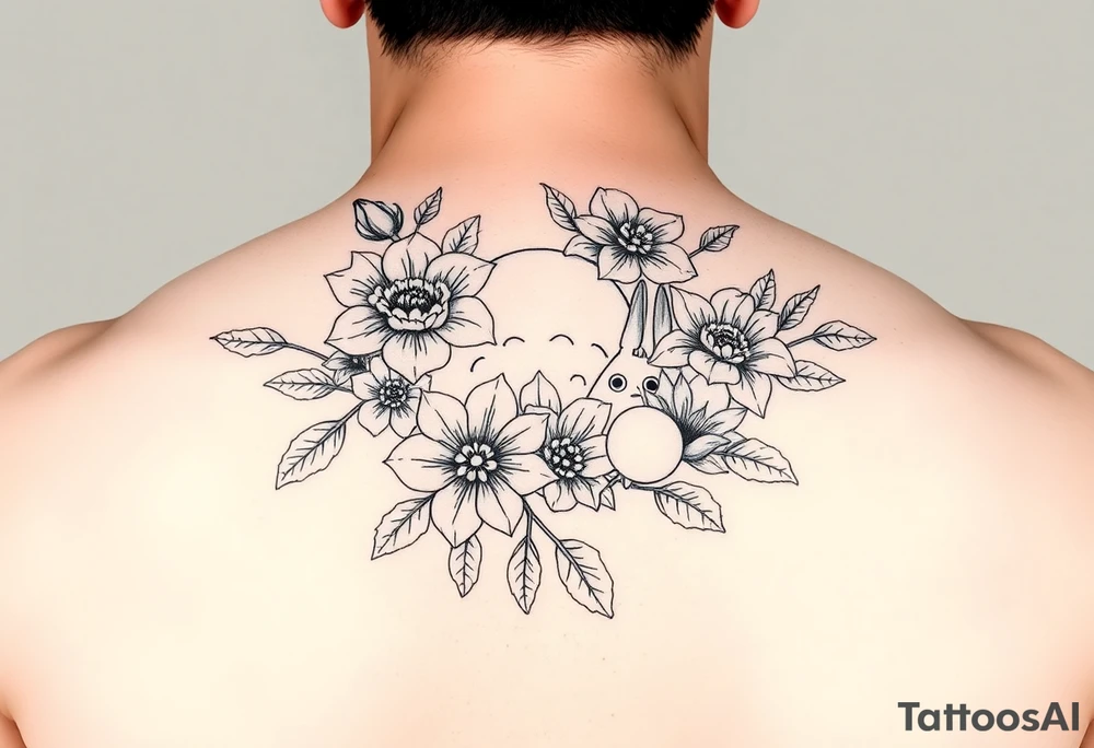 fine line tattoo of roses and lilies with Totoro Characters throughout for arm/forearm tattoo idea