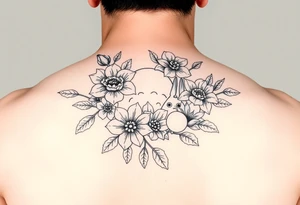 fine line tattoo of roses and lilies with Totoro Characters throughout for arm/forearm tattoo idea