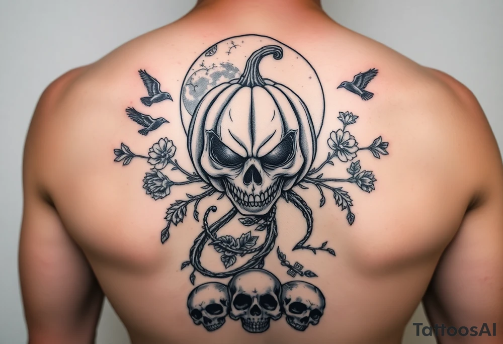 powerful wicked pumpkin head sentinel with vine body, surrounded by floral ornaments and birds, moon in the background with ravens and skulls at the base tattoo idea