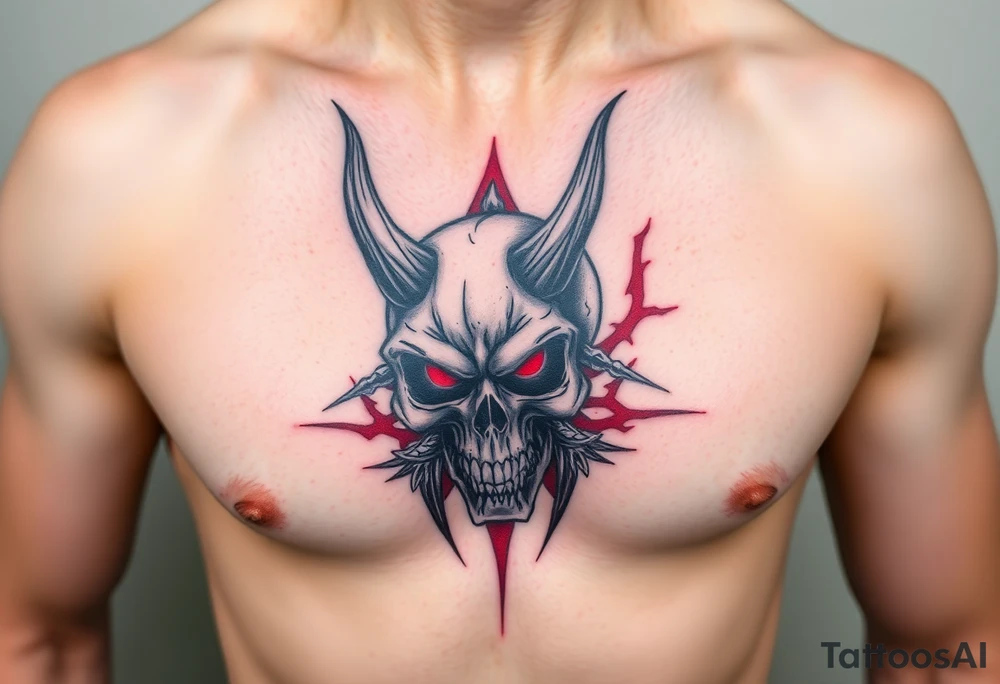 Demon skull black and red on left chest male tattoo idea