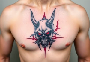 Demon skull black and red on left chest male tattoo idea
