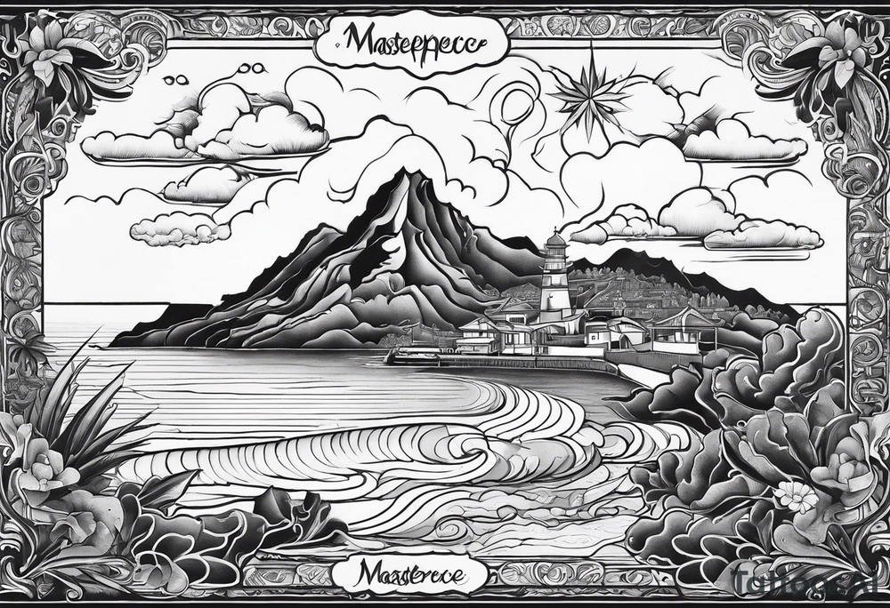 Map of the eastern Caribbean islands with an ocean view of the island mountains across the sea in the background tattoo idea