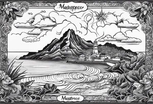 Map of the eastern Caribbean islands with an ocean view of the island mountains across the sea in the background tattoo idea