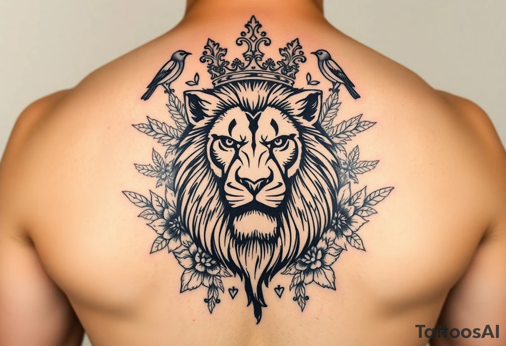 powerful majestic lion with a crown, surrounded by floral ornaments and birds tattoo idea