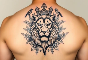 powerful majestic lion with a crown, surrounded by floral ornaments and birds tattoo idea