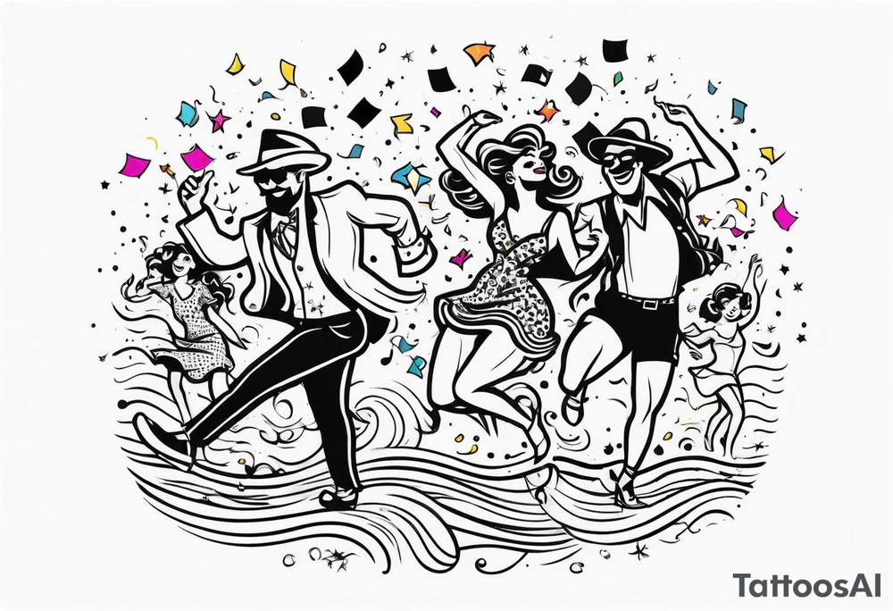 vintage beach dance party with music and confetti tattoo idea