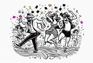 vintage beach dance party with music and confetti tattoo idea