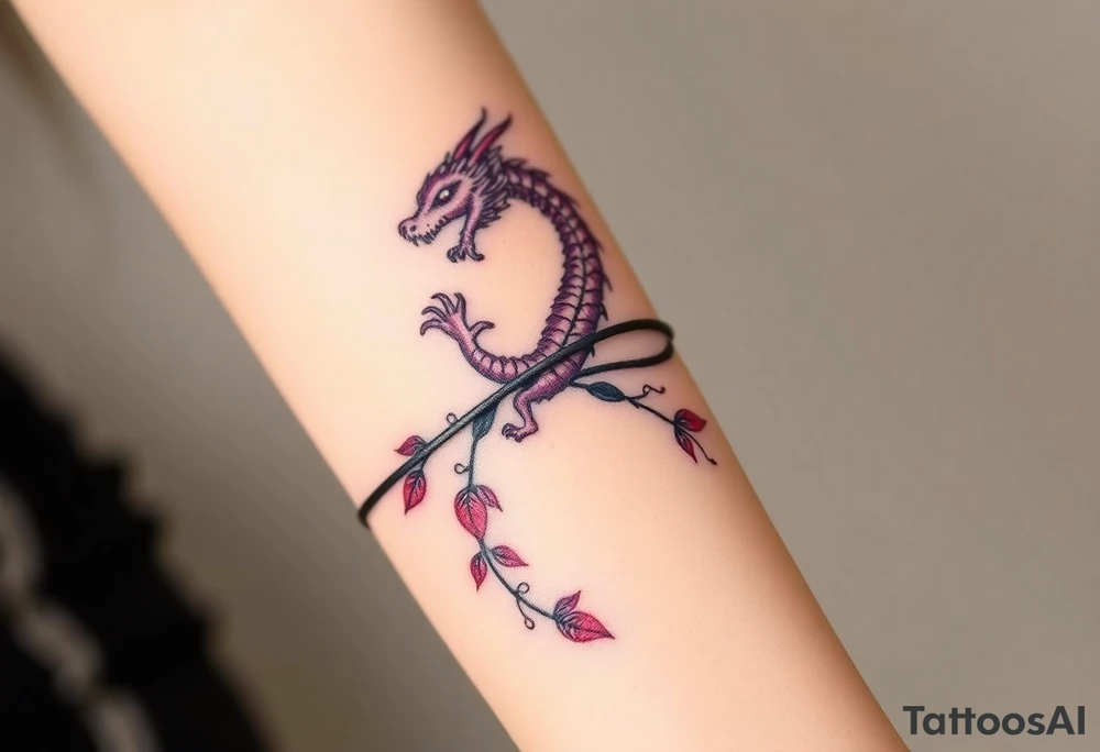 A bracelet wrapped around the arm dragon with purple and red tones, feathers and vines tattoo idea
