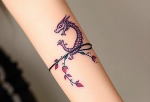 A bracelet wrapped around the arm dragon with purple and red tones, feathers and vines tattoo idea