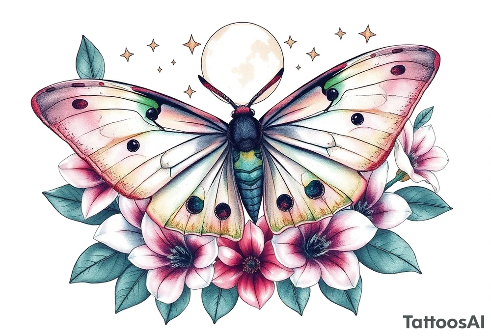 Beautiful Luna moth encompassed by tiger lily flowers and stars tattoo idea