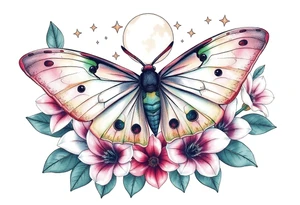Beautiful Luna moth encompassed by tiger lily flowers and stars tattoo idea