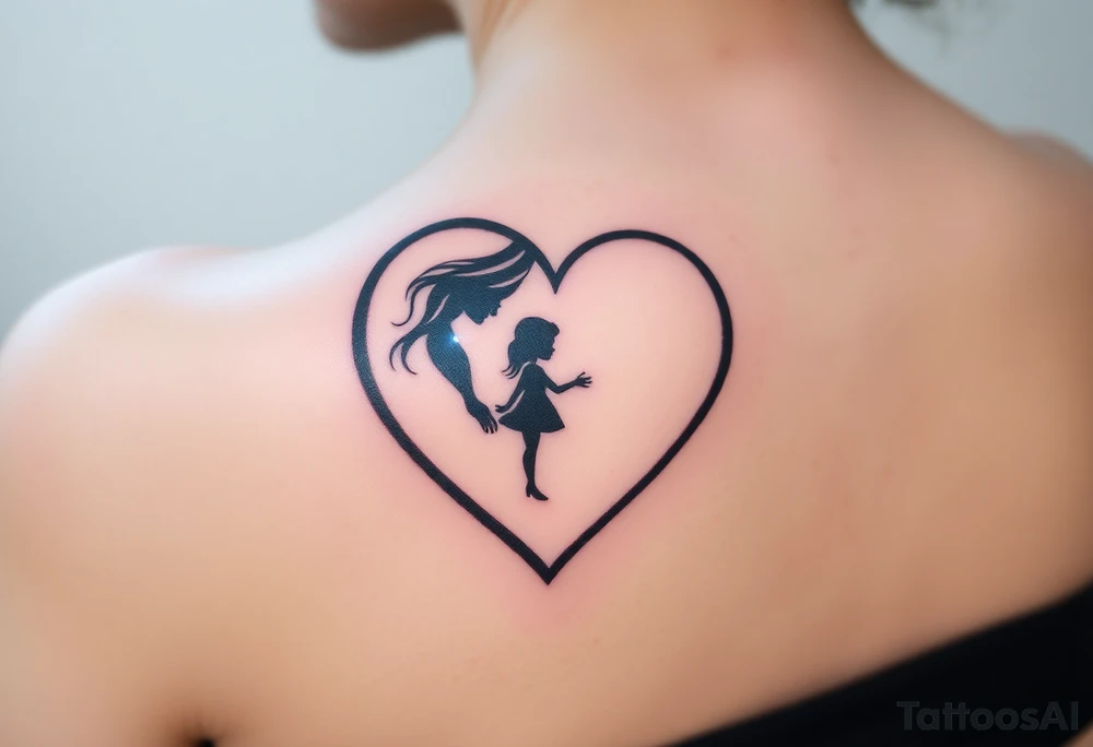 A mother and child shadow inside a heart-shaped puzzle piece, in black and white with a subtle blue glow tattoo idea