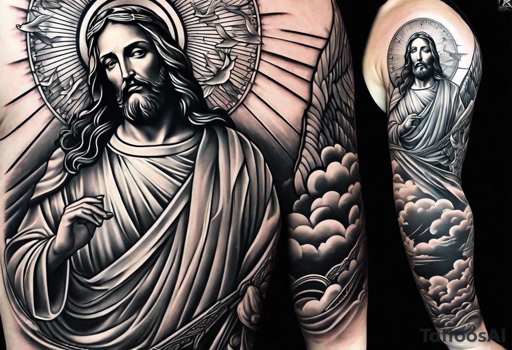 Jesus standing on a flight of stairs with clouds, sunshine and a dove in the background on the upper arm tattoo idea