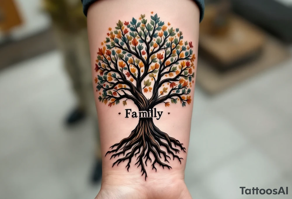A large, detailed tree with branches and roots symbolizing family connections with the word "Family" engraved in tree trunk in deep brown, while the leaves are a mix of green, amber, and gold to represent growth and seasons. tattoo idea