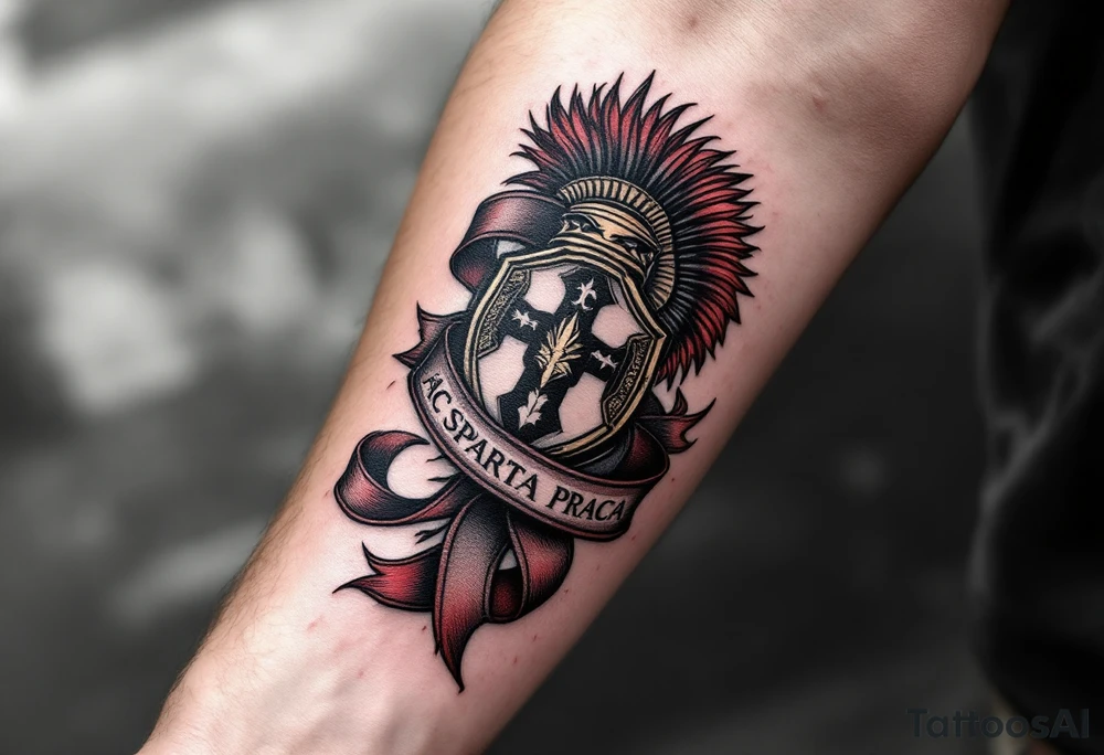 An AC Sparta Praha crest wrapped in a black-and-maroon ribbon, etched on the upper arm. tattoo idea