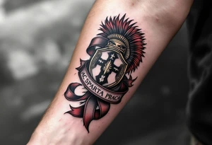 An AC Sparta Praha crest wrapped in a black-and-maroon ribbon, etched on the upper arm. tattoo idea