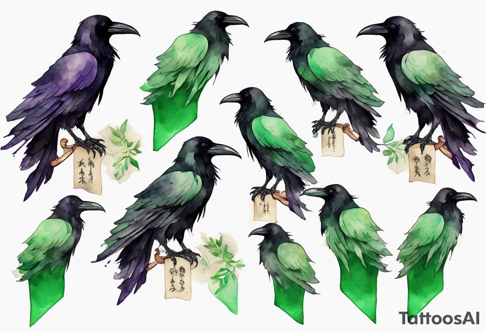 a raven wearing a thin green scarf tattoo idea