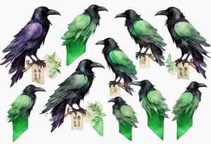 a raven wearing a thin green scarf tattoo idea