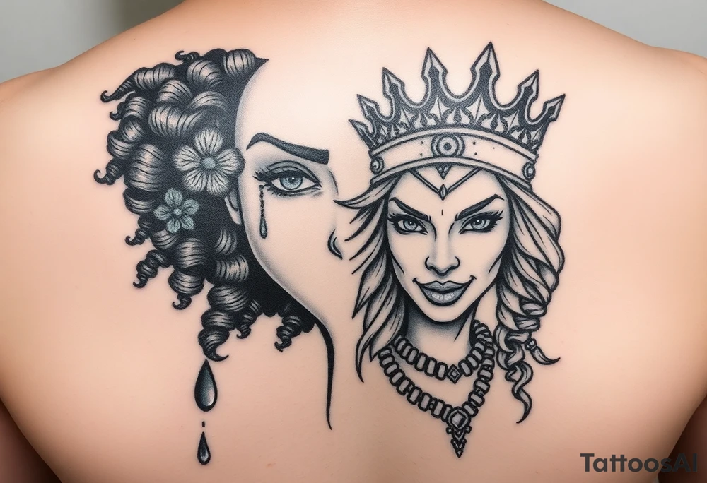 A beautiful woman with beautiful curly hair, and a teardrop falling from her eyes, African American- other 1/2 a beautiful warrior women with a crown and a smirk on her face. Embodying 1/2 faced one soft and gentle-one strong and mighty tattoo idea