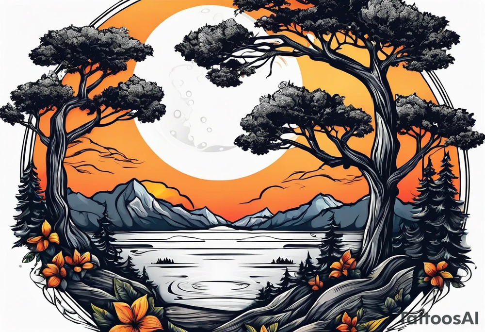 design moon tree campfire guitar playing tattoo idea