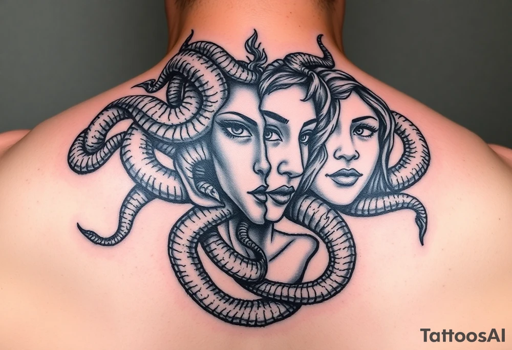 Medusa with snakes but one side of the face is a pretty woman with a scripture tattoo idea