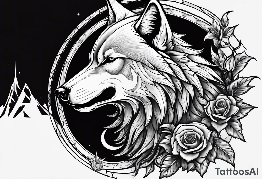 a wolf revealing its skull inspired by elden ring in sigil style tattoo idea