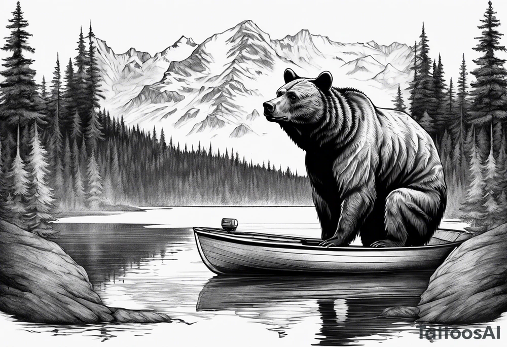bear head right above the forest line with a lake below with a small fisher boat floating on it, full sleeve tattoo tattoo idea