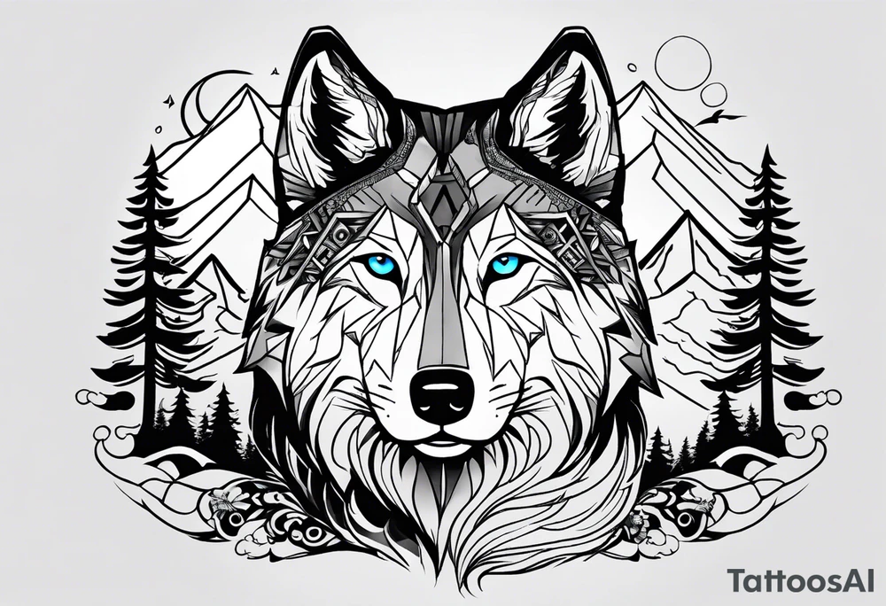 Suggest me creative and aesthetic black and white tattoo design for whole wrist which should include camera aspects in style and in an aesthetic manner, half wolf face with blue eyes, rapping elements and adventure elements like mountains,birds,pine trees. tattoo idea