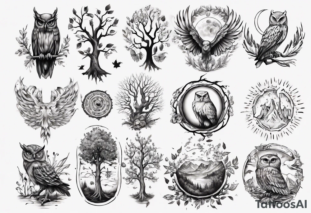 sonne, eule  wald, leben, 
baum, sapere aude tattoo idea