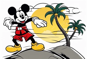 mickey mouse holding lightning with palm trees doing martial arts at the disney castle tattoo idea