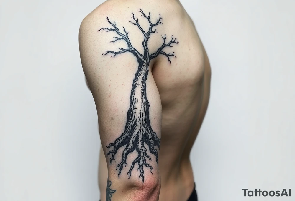 Full sleeve arm tattooed like tree bark with roots at the bottom around the wrist and branches into three at the top by the shoulder tattoo idea