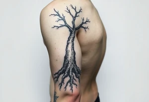 Full sleeve arm tattooed like tree bark with roots at the bottom around the wrist and branches into three at the top by the shoulder tattoo idea