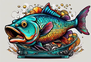 "A large fish riding on top of tank treads, highly detailed and realistic, with vibrant colors and a mechanical background." tattoo idea