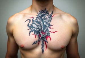 Warrior black and red on left chest male tattoo idea