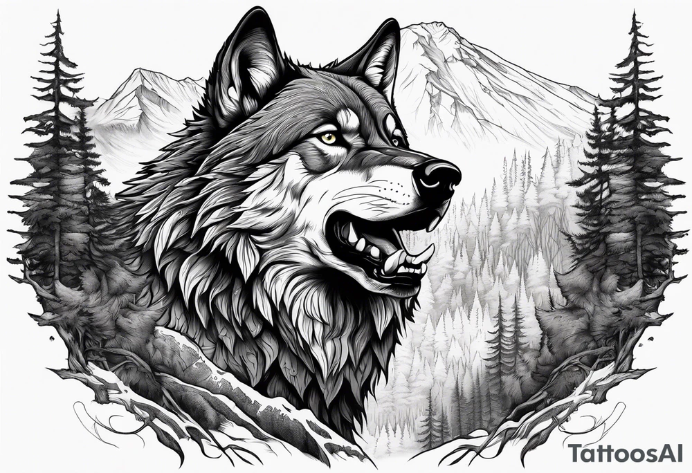 Detailed powerful AlphaWolf in Front of a scary forest tattoo idea Detailed powerful AlphaWolf in Front of a scary forest tattoo idea