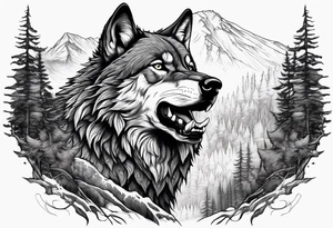 Detailed powerful AlphaWolf in Front of a scary forest tattoo idea