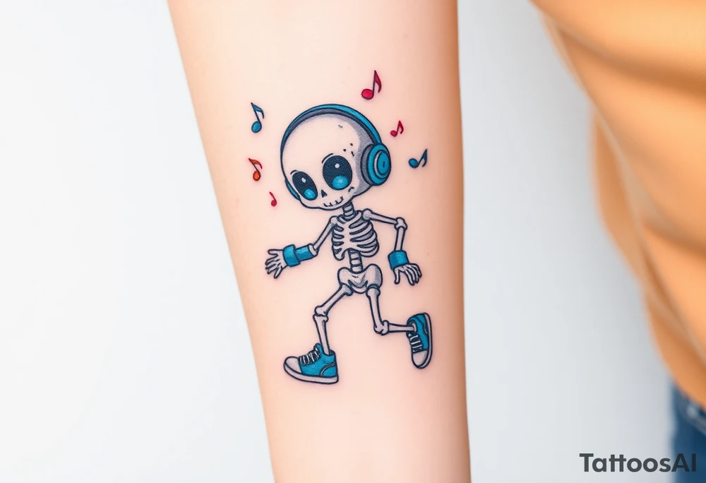 Cute skeleton with dreamy eyes jumping rope with blue headphones blue armbands blue sneakers and colorful  music notes around his head tattoo idea