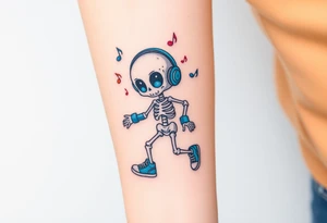 Cute skeleton with dreamy eyes jumping rope with blue headphones blue armbands blue sneakers and colorful  music notes around his head tattoo idea
