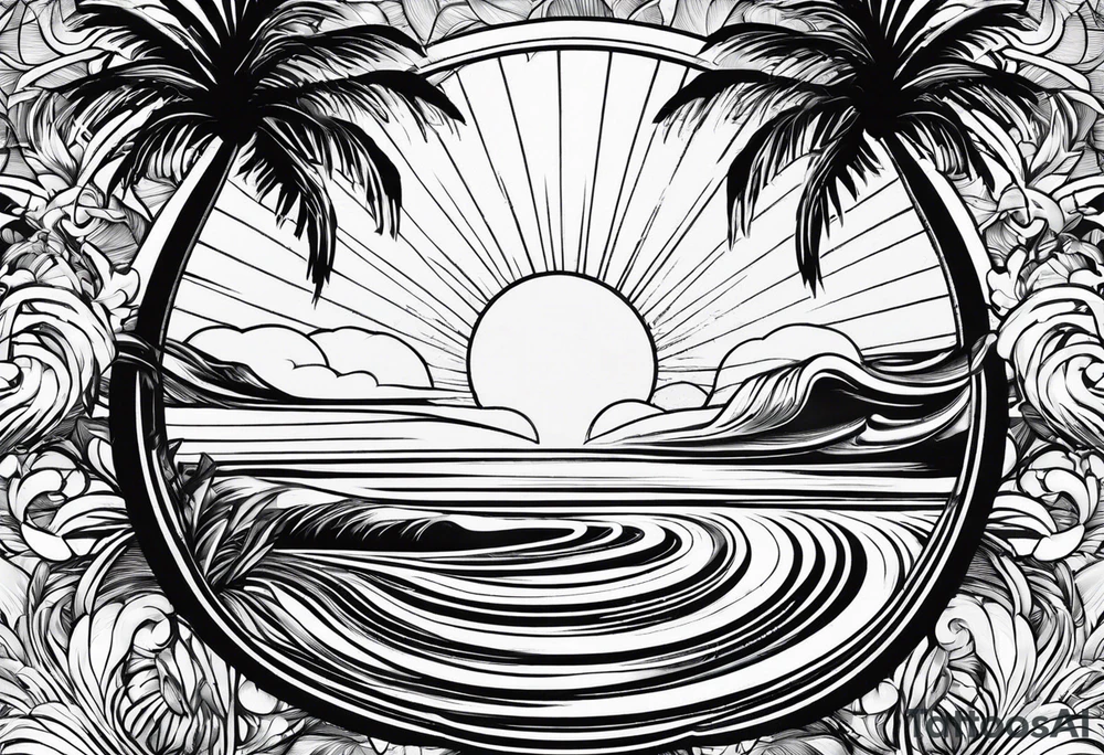 palm tree front of a sun and waves, not too fancy tattoo idea