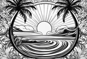 palm tree front of a sun and waves, not too fancy tattoo idea