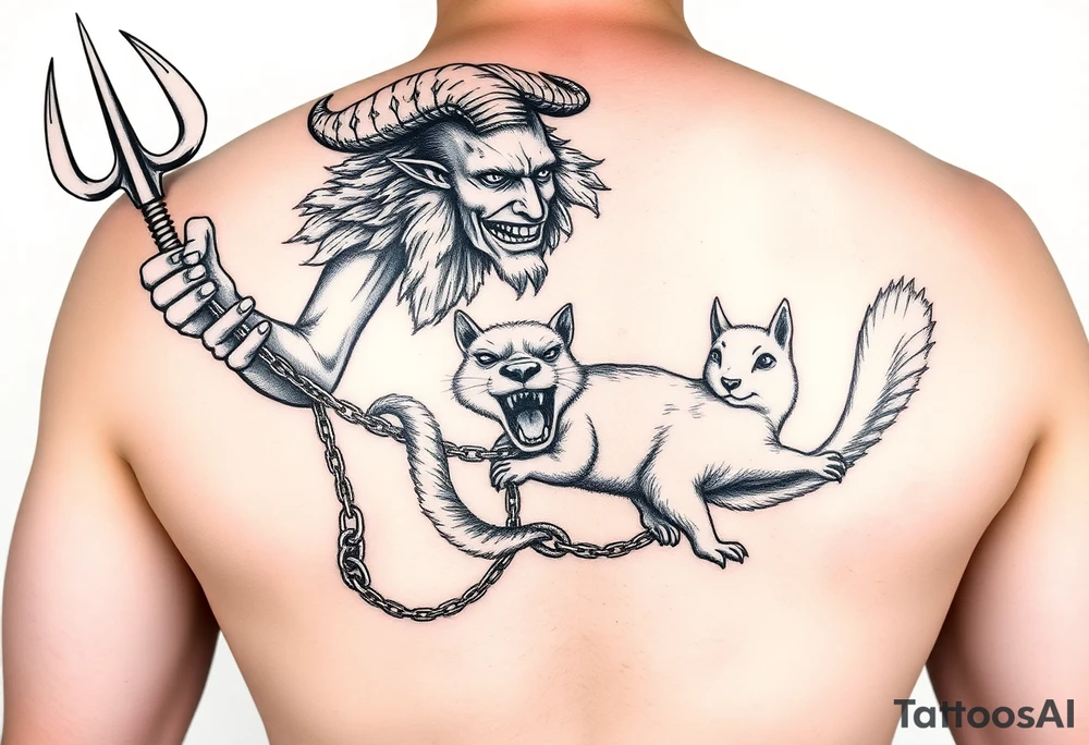 A giant of a man with goat horns and feet carrying the devils trident and in the other hand slaves on a chain a sickly squirrel with big teeth showing and an Angry little man mouth open and screaming on the back of the squirrel tattoo idea