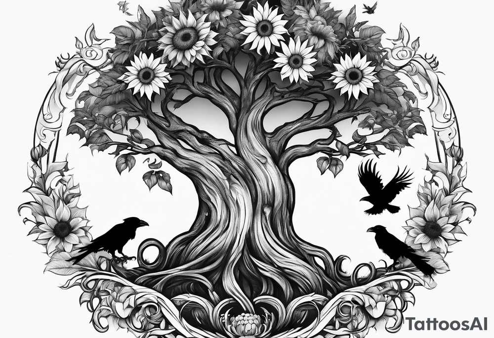 Feminine Yggdrasil tree with two ravens and sunflowers tattoo idea