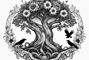 Feminine Yggdrasil tree with two ravens and sunflowers tattoo idea