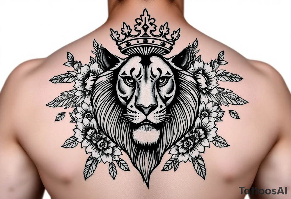 powerful majestic lion with a crown, surrounded by floral ornaments and birds tattoo idea