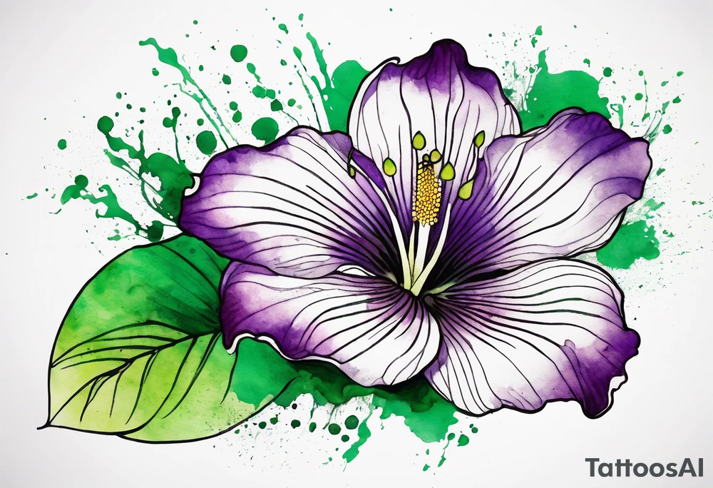 An outline of a rio dipladenia flower with a green and purple watercolor splash in the background tattoo idea