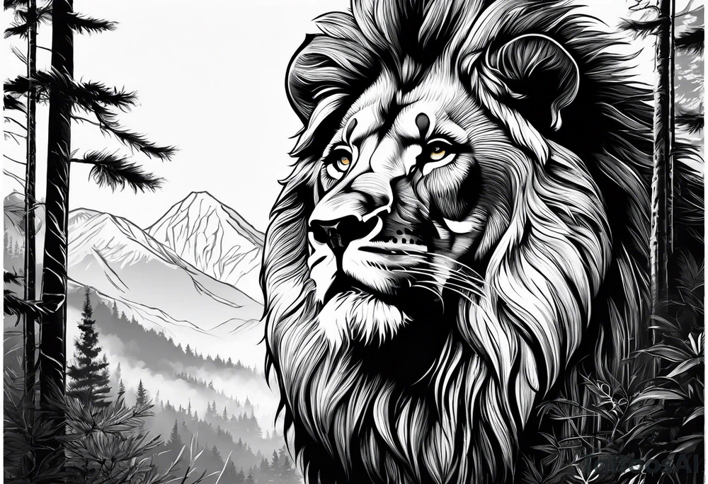realistic lions face transposed into a dark forest tattoo idea